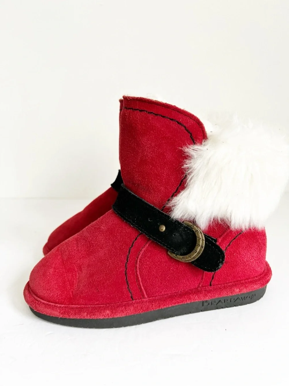 SZ 1 Youth Bearpaw Red Faux Fur Cuff Winter Boots Black Strap Christmas Xmas